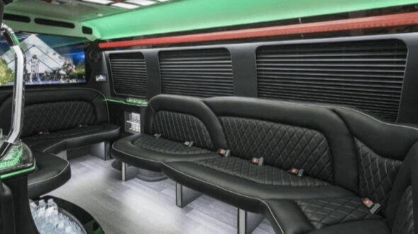Interior of Charter Bus Company Rancho Cucamonga's 15 Passenger Party Bus in Rancho Cucamonga