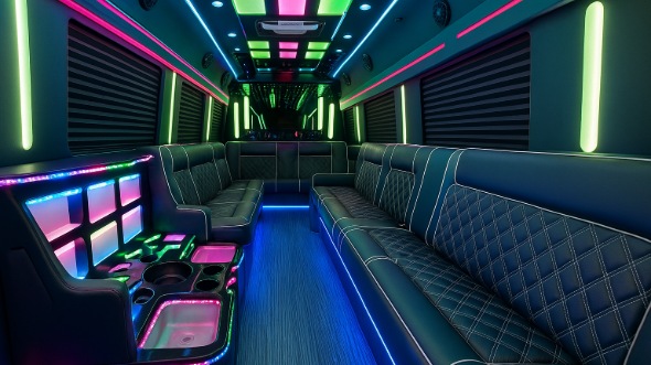 Interior of Charter Bus Company San Bernardino's 30 Passenger Party Bus in San Bernardino