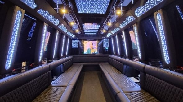 Interior of Charter Bus Company Riverside's 50 Passenger Party Bus in Riverside